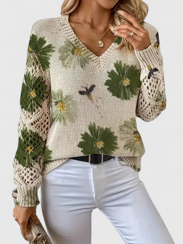 Pull col V femme à motif fleuri, manches longues
