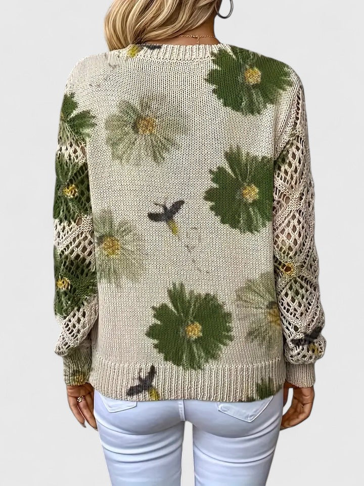 Pull col V femme à motif fleuri, manches longues