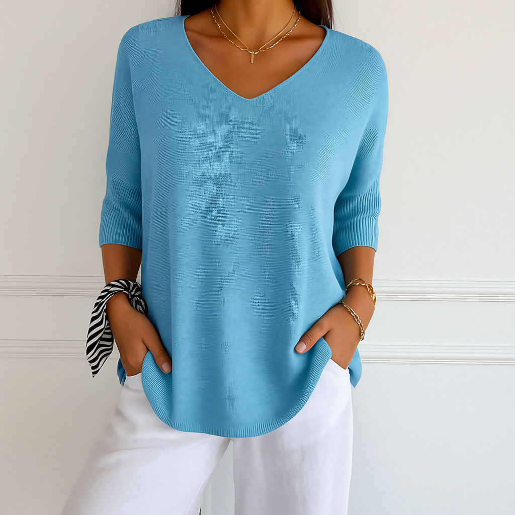 Pull col V femme en maille fine, manches 3/4, onze coloris, bleu clair