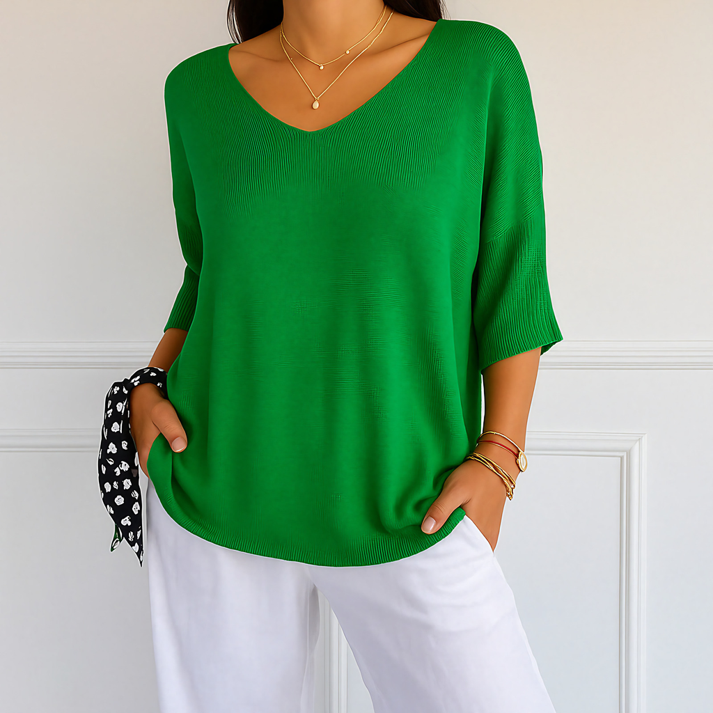 Pull col V femme en maille fine, manches 3/4, onze coloris, vert
