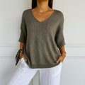 Pull col V femme en maille fine, manches 3/4, onze coloris, gris foncé