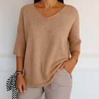 Pull col V femme en maille fine, manches 3/4, onze coloris, abricot