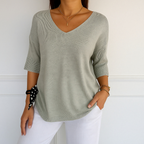 Pull col V femme en maille fine, manches 3/4, onze coloris, gris clair