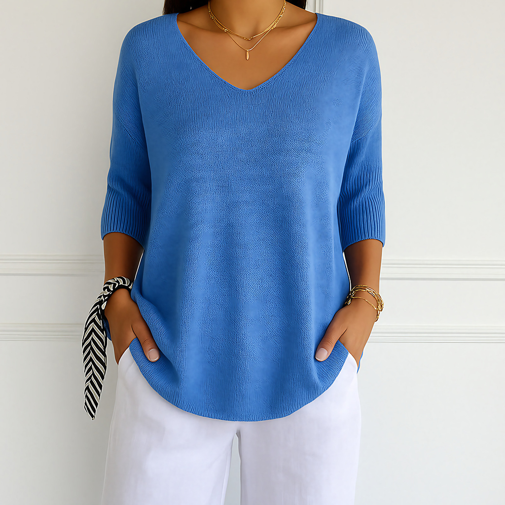 Pull col V femme en maille fine, manches 3/4, onze coloris, bleu