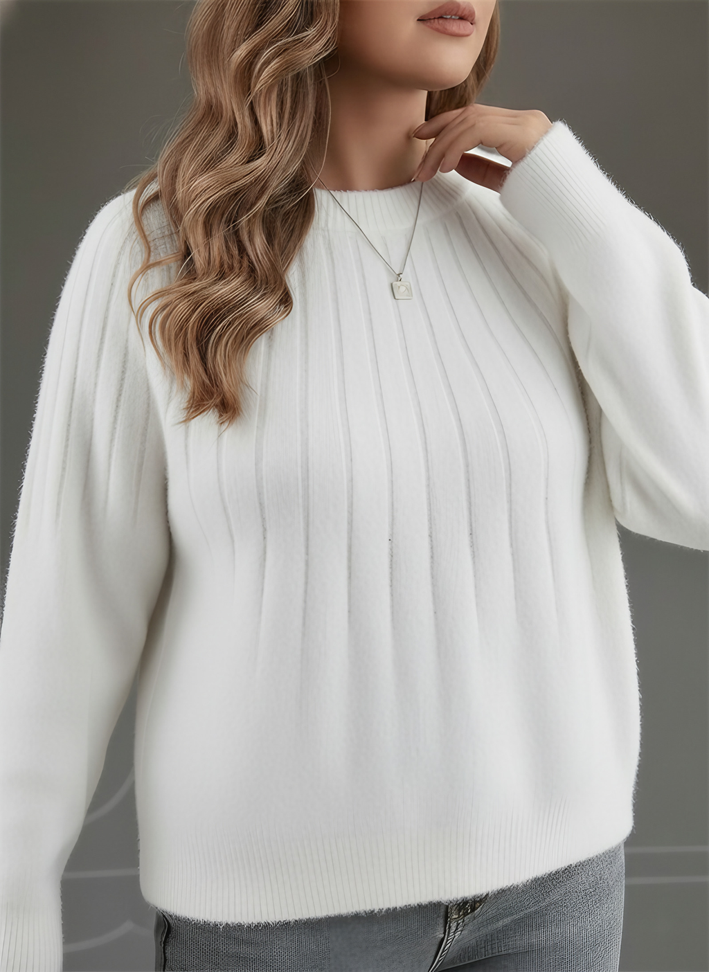 Pull femme col rond en maille côtelée, coupe ample, sept coloris, blanc