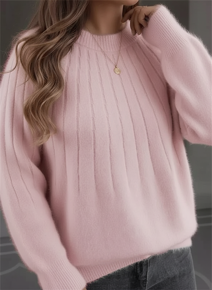 Pull femme col rond en maille côtelée, coupe ample, sept coloris, rose clair
