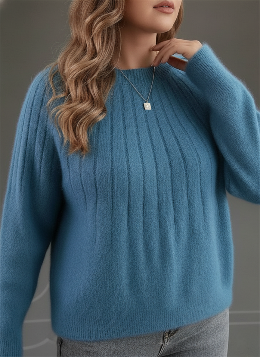 Pull femme col rond en maille côtelée, coupe ample, sept coloris, bleu