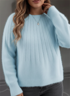 Pull femme col rond en maille côtelée, coupe ample, sept coloris, bleu ciel