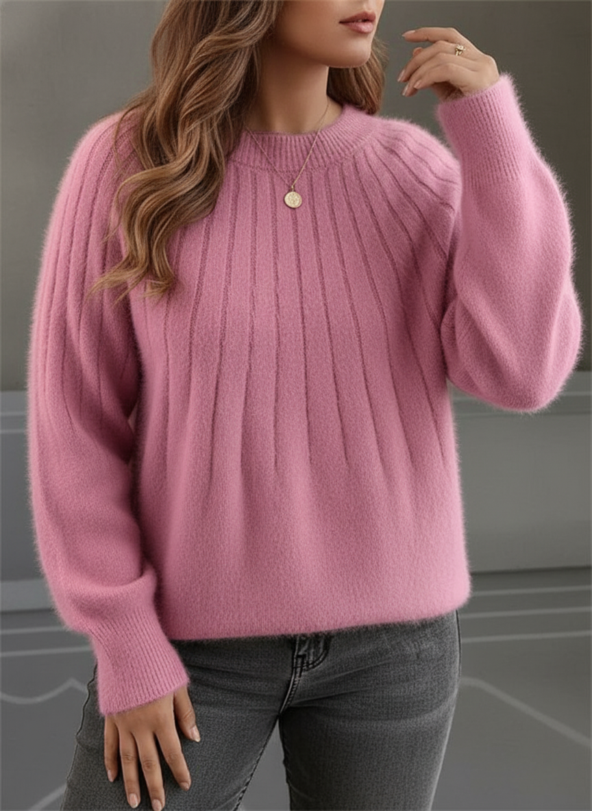 Pull femme col rond en maille côtelée, coupe ample, sept coloris, rose