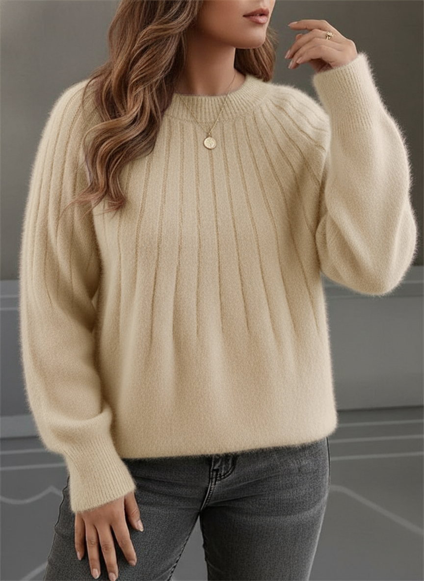 Pull femme col rond en maille côtelée, coupe ample, sept coloris, jaune clair
