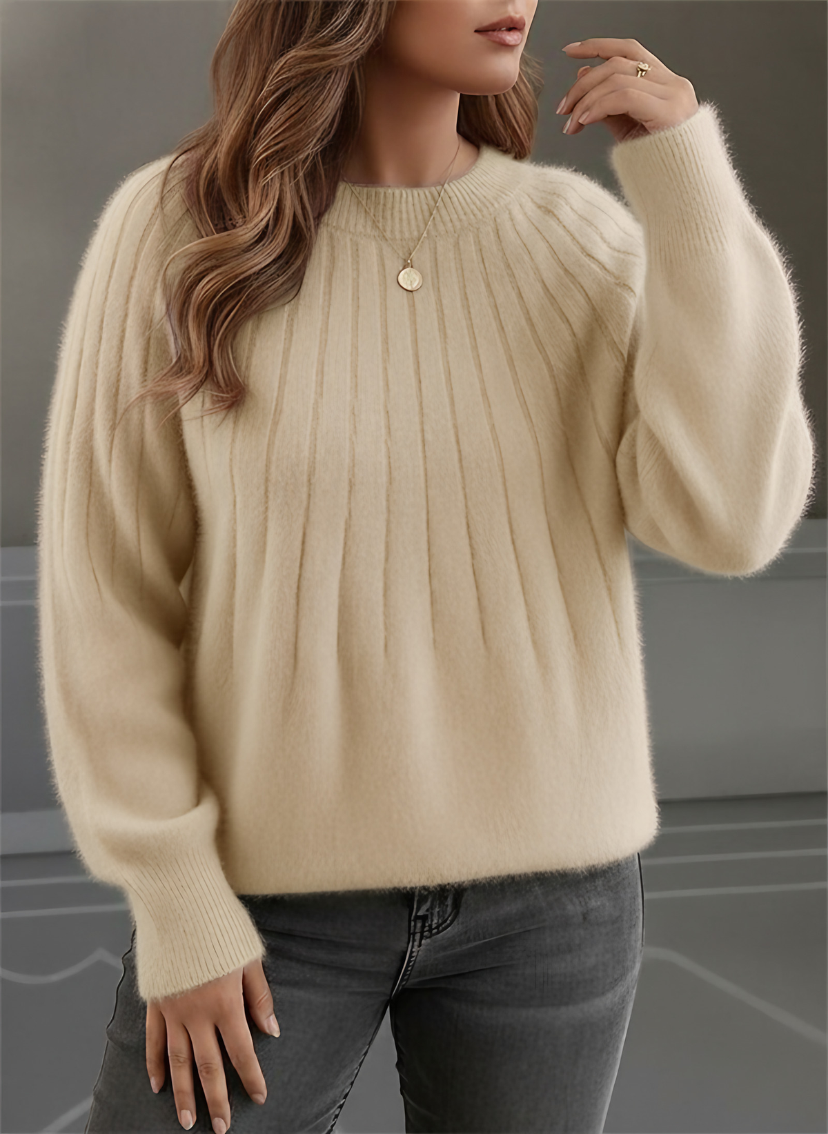 Pull femme col rond en maille côtelée, coupe ample, sept coloris, jaune clair