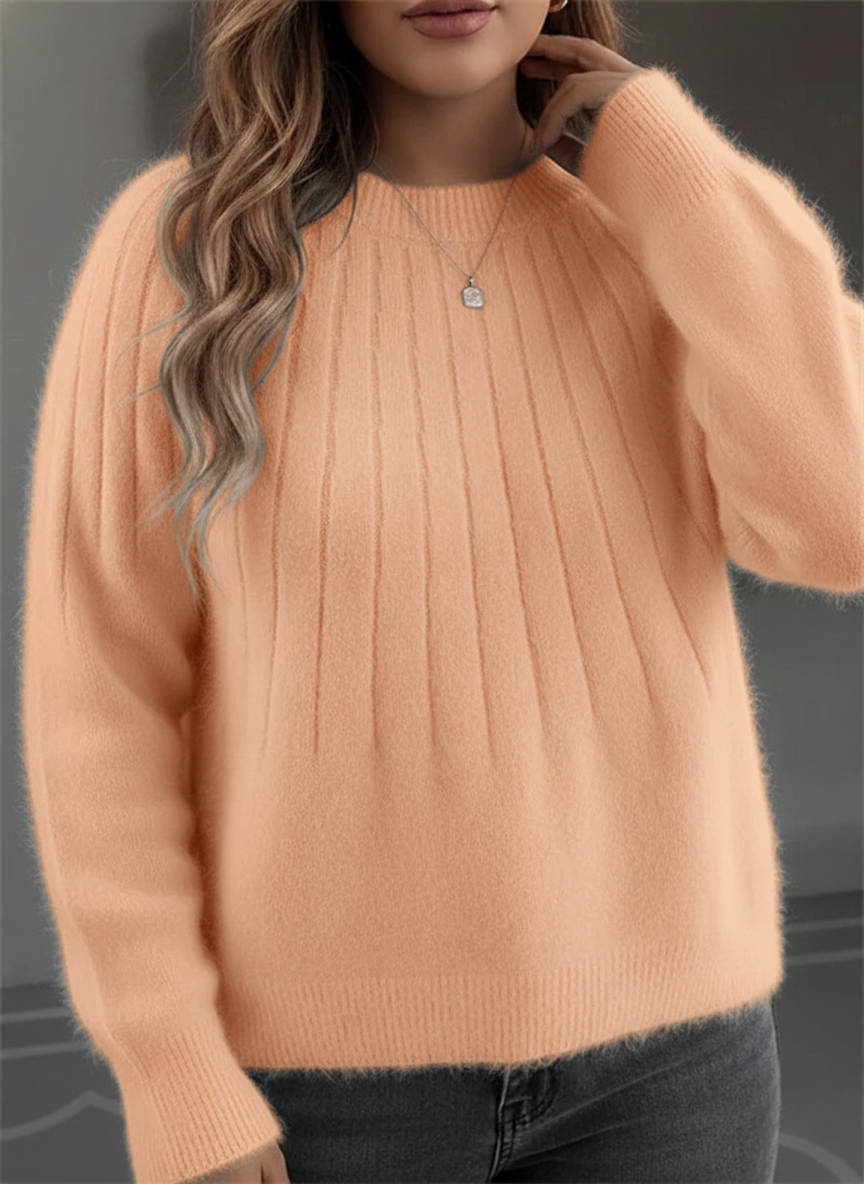 Pull femme col rond en maille côtelée, coupe ample, sept coloris, orange