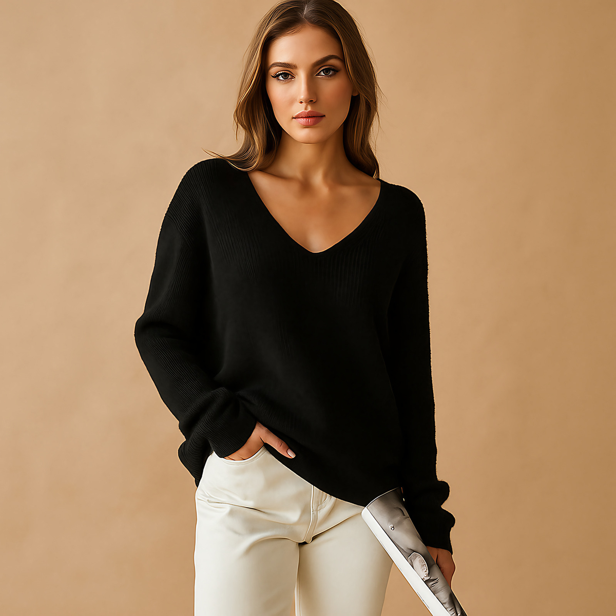 Pull col V femme coupe droite, maille légère, trois coloris, noir