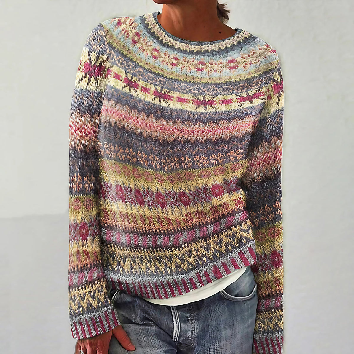 Pull femme à imprimé ethnique, coupe ample, du XS au 3XL, beige