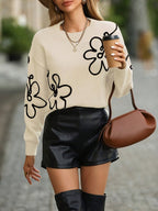 Pull femme col rond à manches brodées de fleurs, du S au 2XL, abricot