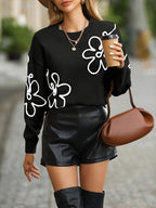 Pull femme col rond à manches brodées de fleurs, du S au 2XL, noir