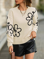 Pull femme col rond à manches brodées de fleurs, du S au 2XL