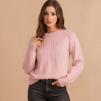 Pull femme col rond à plis sur le devant, manches longues, rouge clair