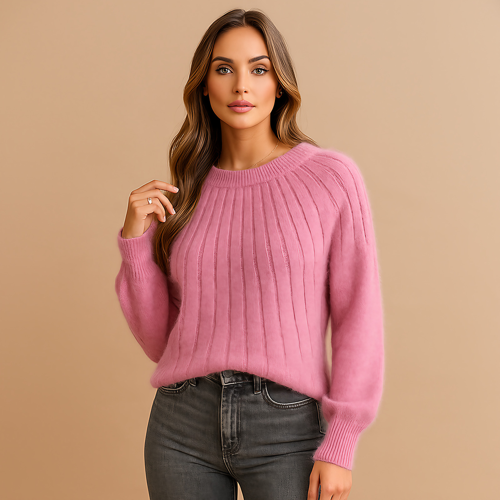 Pull femme col rond à plis sur le devant, manches longues, rose