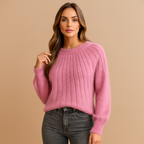 Pull femme col rond à plis sur le devant, manches longues, rose