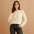 Pull femme col rond à plis sur le devant, manches longues, beige