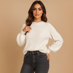 Pull femme col rond à plis sur le devant, manches longues, blanc