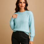 Pull femme col rond à plis sur le devant, manches longues, bleu clair