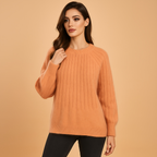 Pull femme col rond à plis sur le devant, manches longues, orange