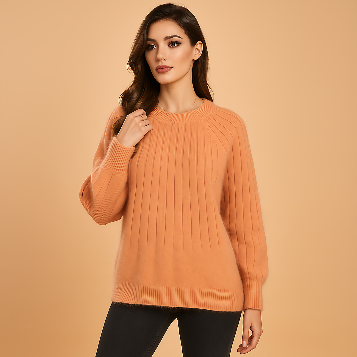 Pull femme col rond à plis sur le devant, manches longues, orange
