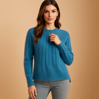 Pull femme col rond à plis sur le devant, manches longues, bleu
