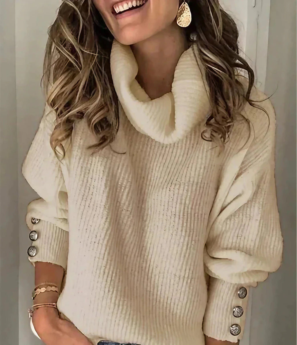 Pull col roulé femme, boutons sur les manches, sept coloris, beige