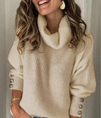 Pull col roulé femme, boutons sur les manches, sept coloris, beige