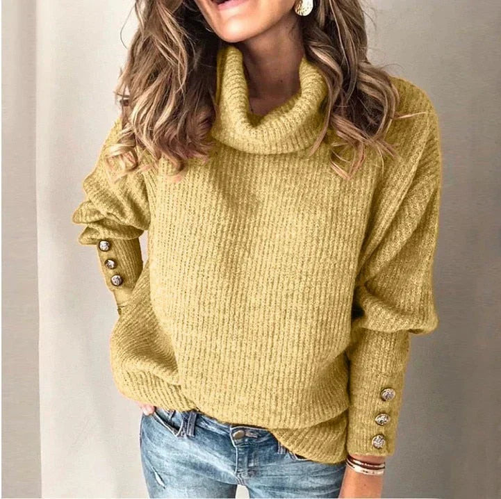 Pull col roulé femme, boutons sur les manches, sept coloris, jaune