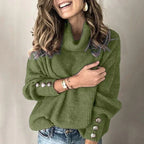 Pull col roulé femme, boutons sur les manches, sept coloris, vert