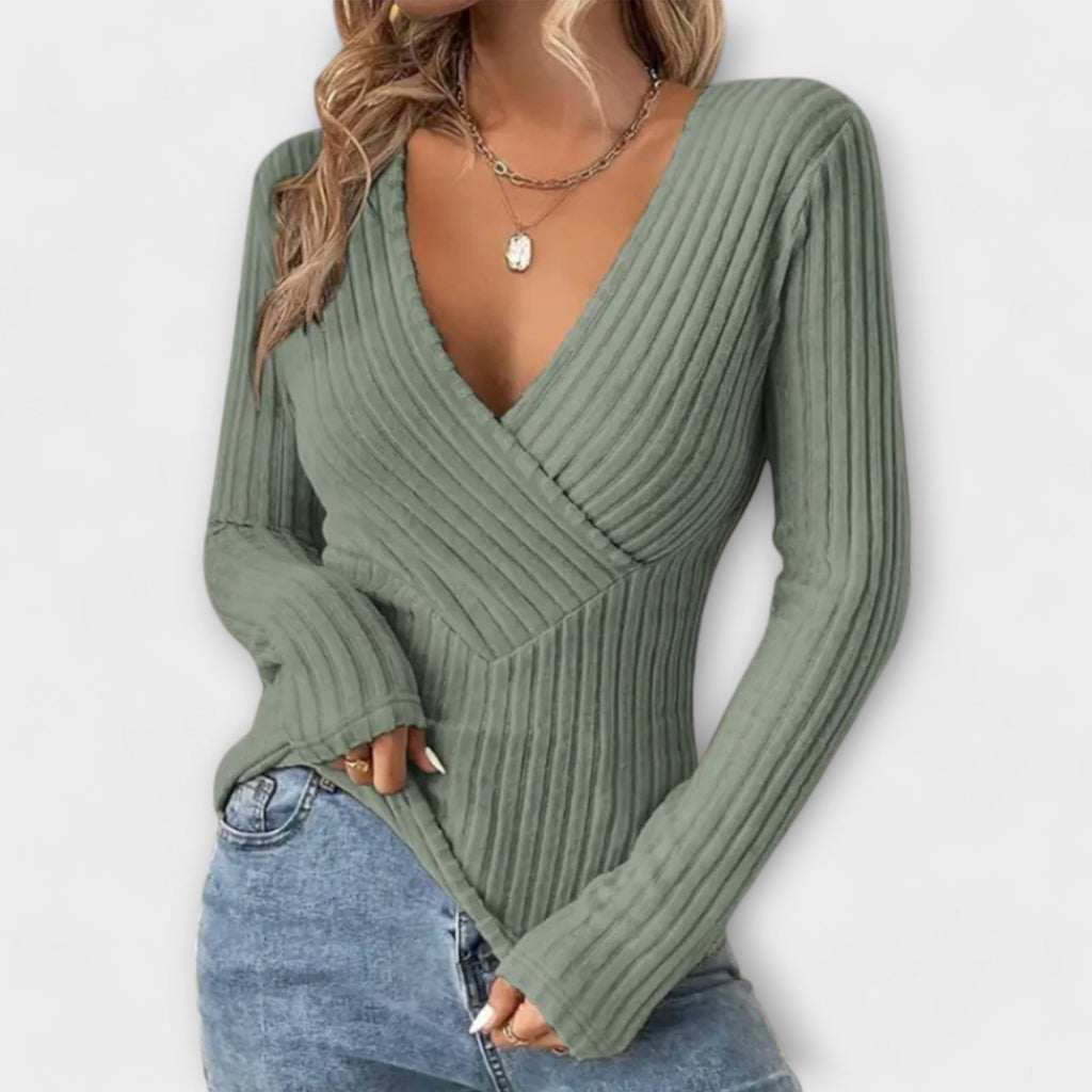 Pull femme col V à détail torsadé devant, manches longues, vert