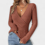 Pull femme col V à détail torsadé devant, manches longues, marron