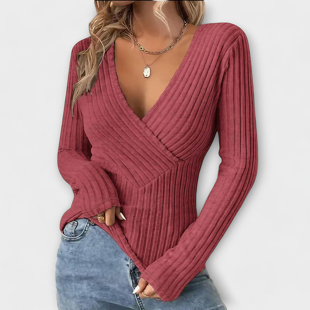 Pull femme col V à détail torsadé devant, manches longues, rose