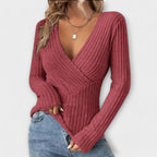 Pull femme col V à détail torsadé devant, manches longues, rose