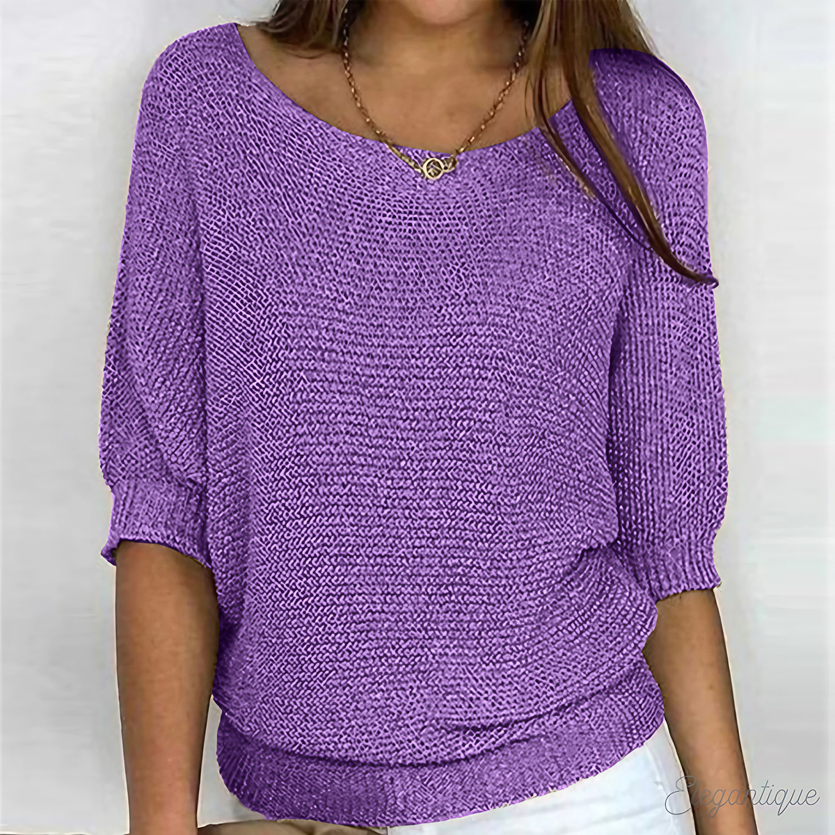 Pull femme col rond à bords côtelés, huit coloris, du S au 5XL, violet