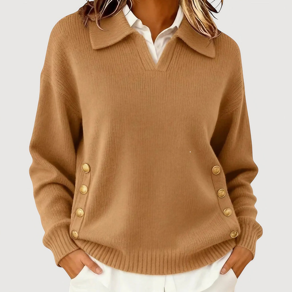 Pull femme à col boutonné, coupe fluide, sept coloris, camel