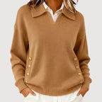Pull femme à col boutonné, coupe fluide, sept coloris, camel