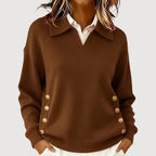 Pull femme à col boutonné, coupe fluide, sept coloris, marron