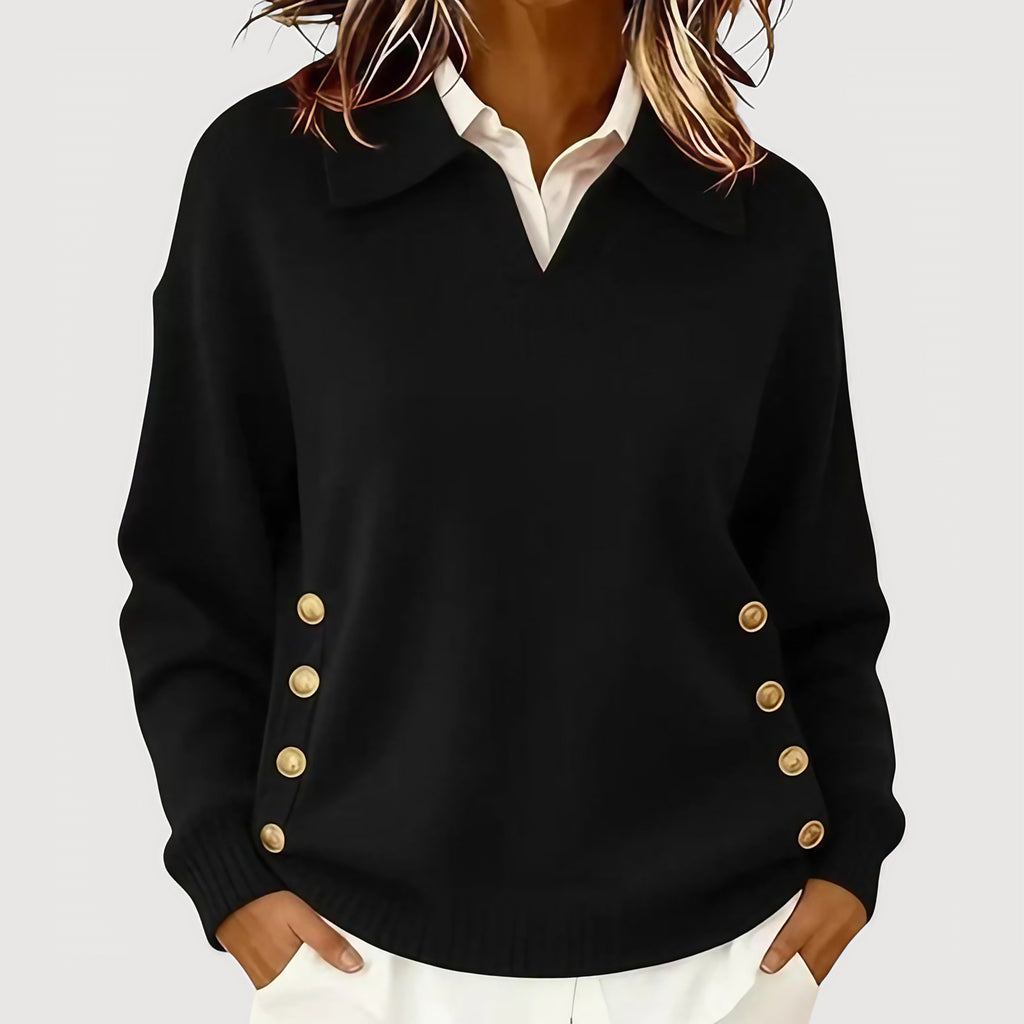 Pull femme à col boutonné, coupe fluide, sept coloris, noir