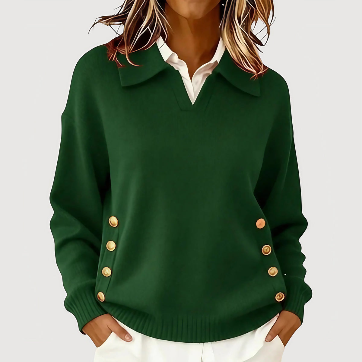 Pull femme à col boutonné, coupe fluide, sept coloris, vert