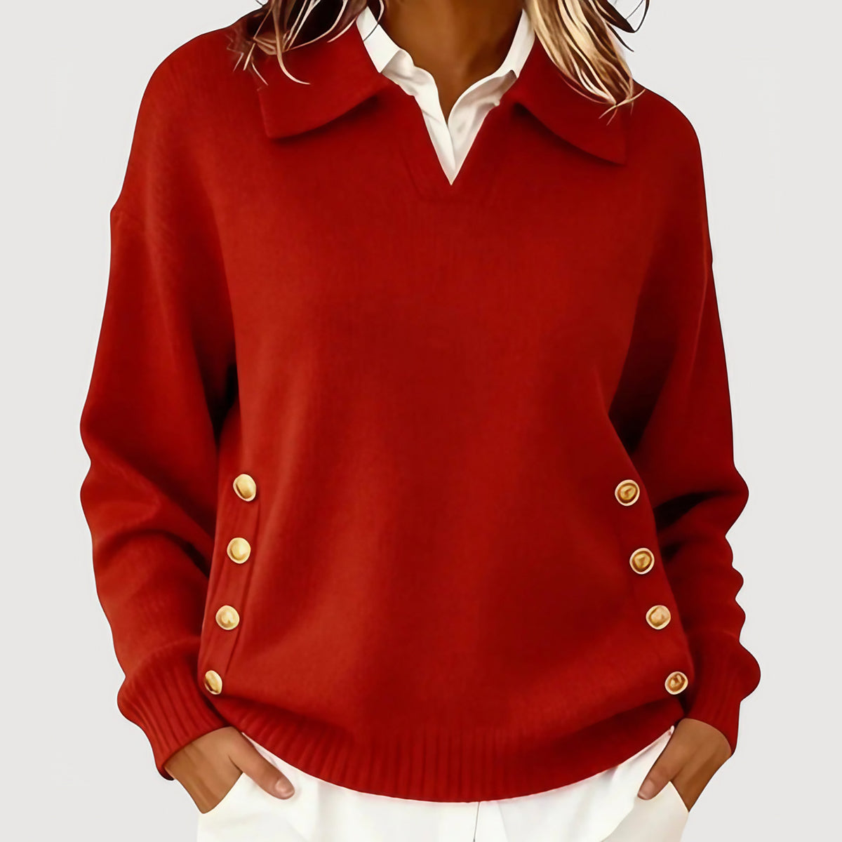 Pull femme à col boutonné, coupe fluide, sept coloris, rouge