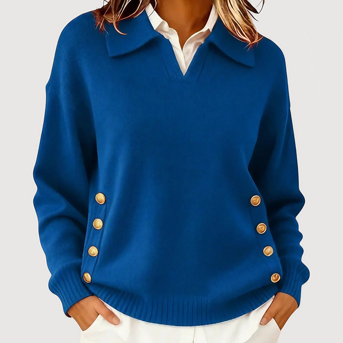 Pull femme à col boutonné, coupe fluide, sept coloris, bleu