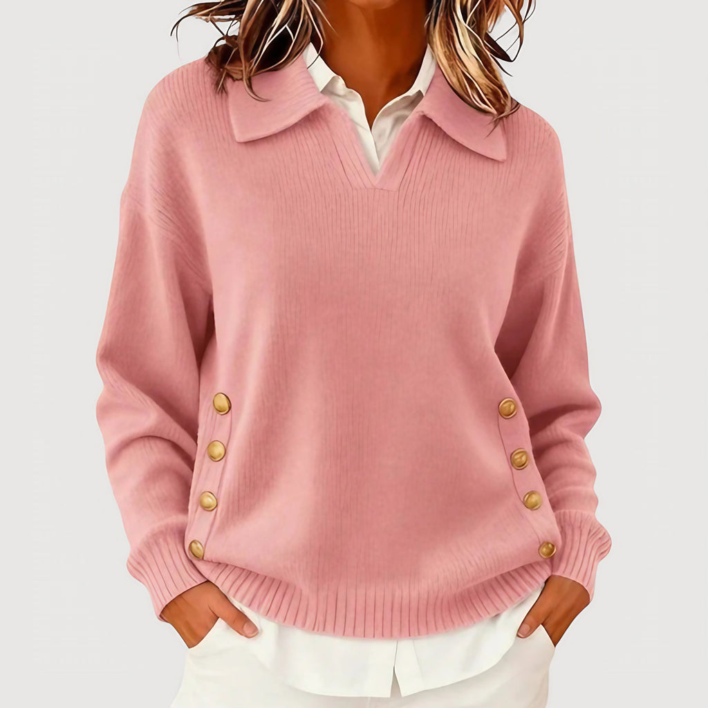 Pull femme à col boutonné, coupe fluide, sept coloris, rose