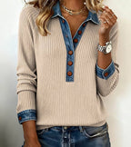 Pull femme manches longues à contrastes, coupe ample, douze coloris, kaki