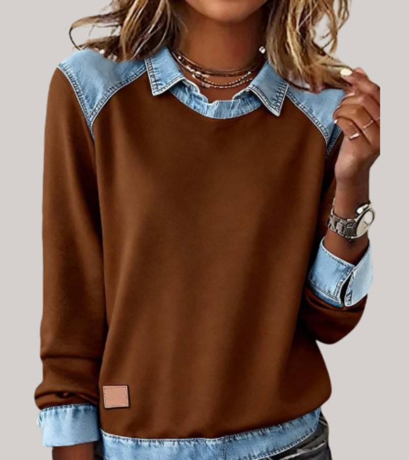 Pull femme manches longues à contrastes, coupe ample, douze coloris, marron