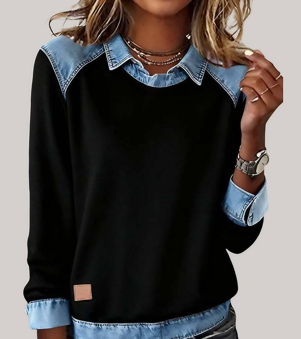 Pull femme manches longues à contrastes, coupe ample, douze coloris, noir 1